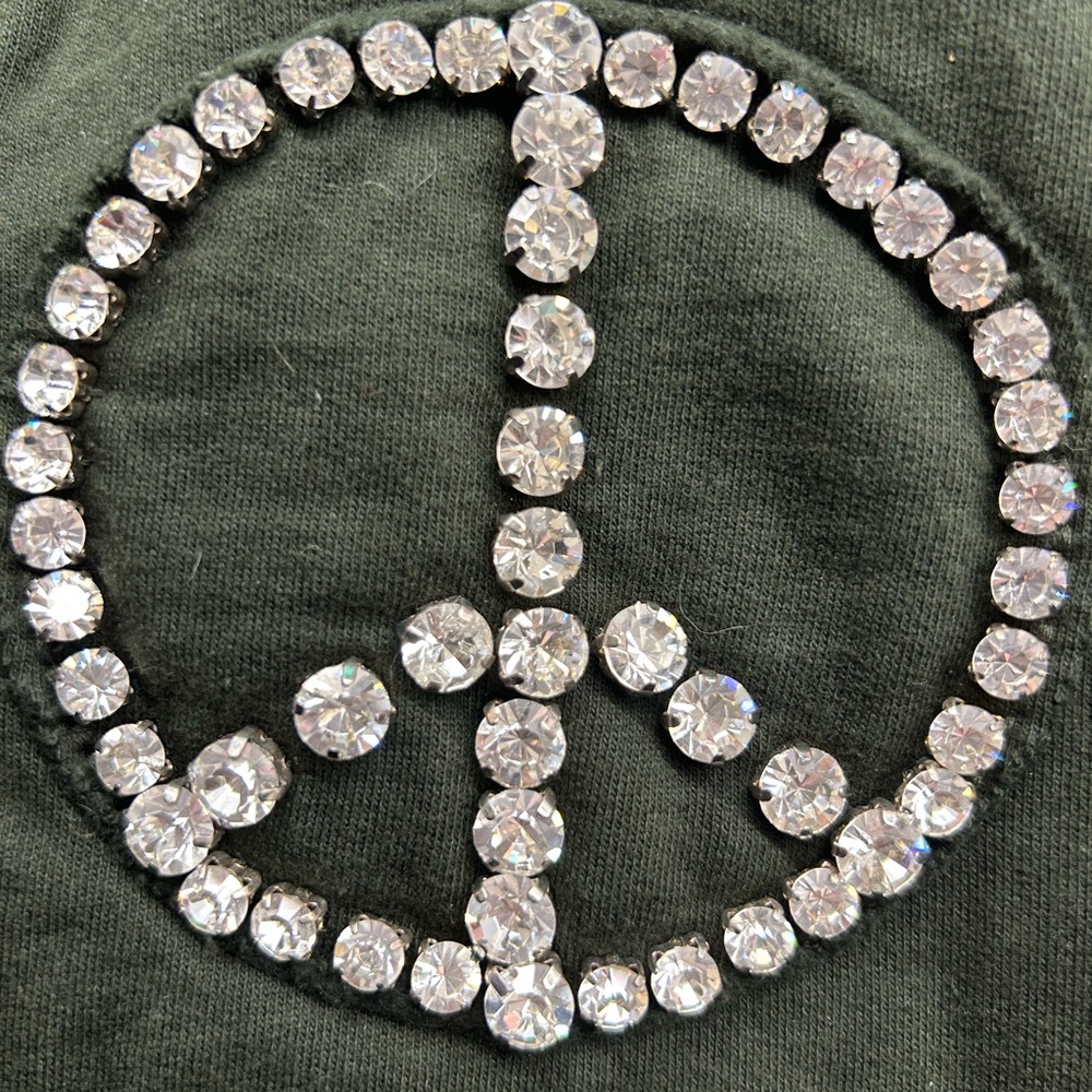 Twisted heart green crystal rhinestone peace tracksuit pants bell bottom L NWOT